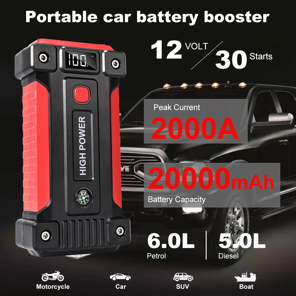 2000A Battery Jumper Starter Portable (for 6.0L Gas or 5.0L Diesel Engine), Car Battery Jump Starter LED Light/USB QC3.0