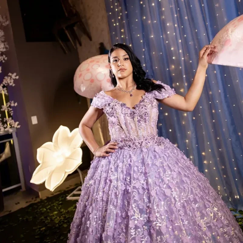 

Purple Quinceanera Dress off-shoulder Glitter 3D flower Decal Lace Long tail Vestidos De 15 Quinceanera ﻿Customize
