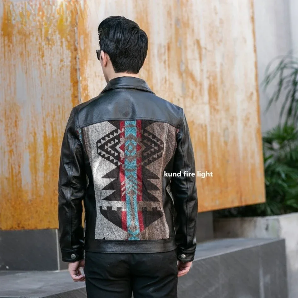 Men's Jacket Men's Coat Top Layer Cowhide Genuine Leather Coat Men's Jacket Splicing Totem Wool Leisure Slim Fit The New