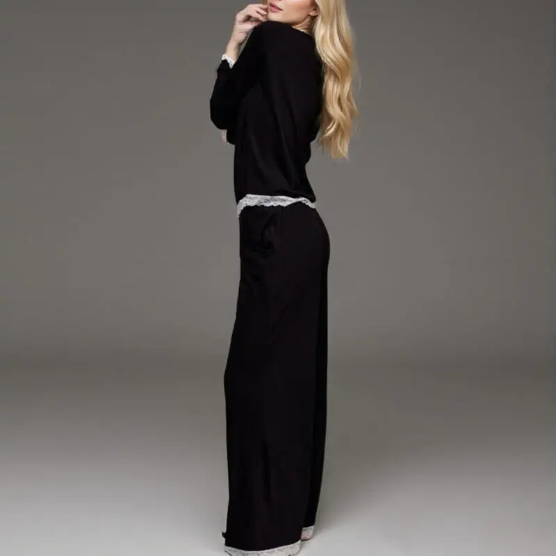 

Black Lace Splice Trim Pajamas 2 Pcs Shirt&pant Loungewear Sexy Sleepwear Casual Minimalist Home Clothes Nightwear Home Wear