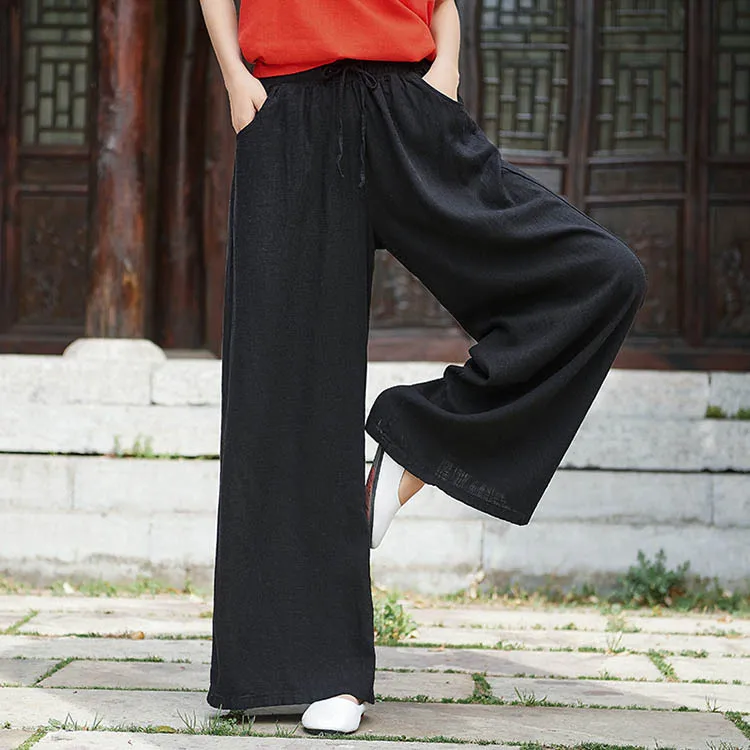 Nian Bai Xiu Fang: Oriental Zen Trousers - Lightly Washed Linen Wide-Leg Culottes