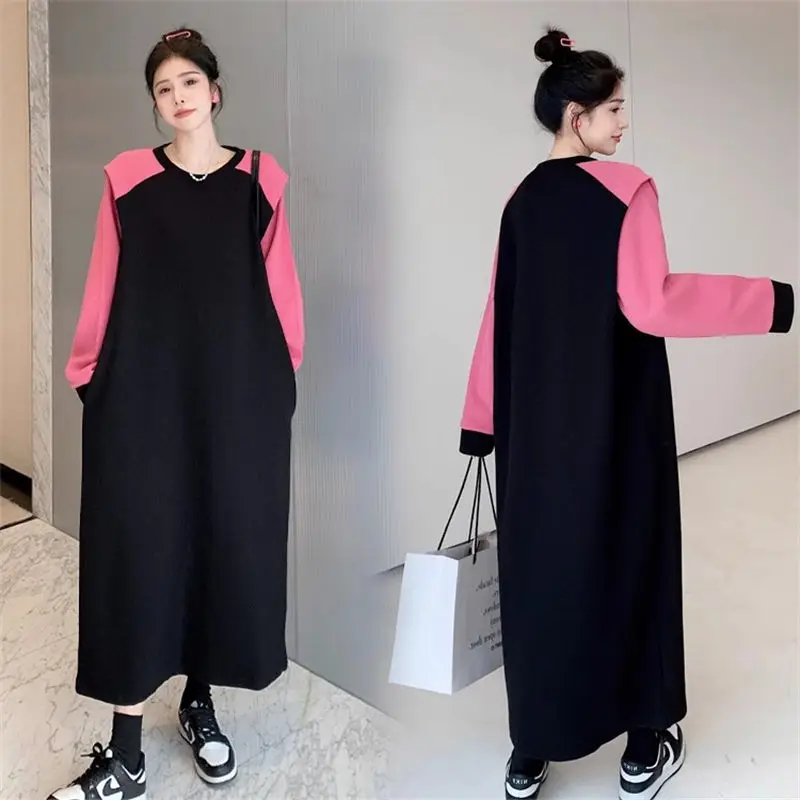 

Round Neck Long Sleeve Oversized Pullover Dress For Autumn Winter Simple Retro Color Matching Sweatshirt Dress For Women Z3323