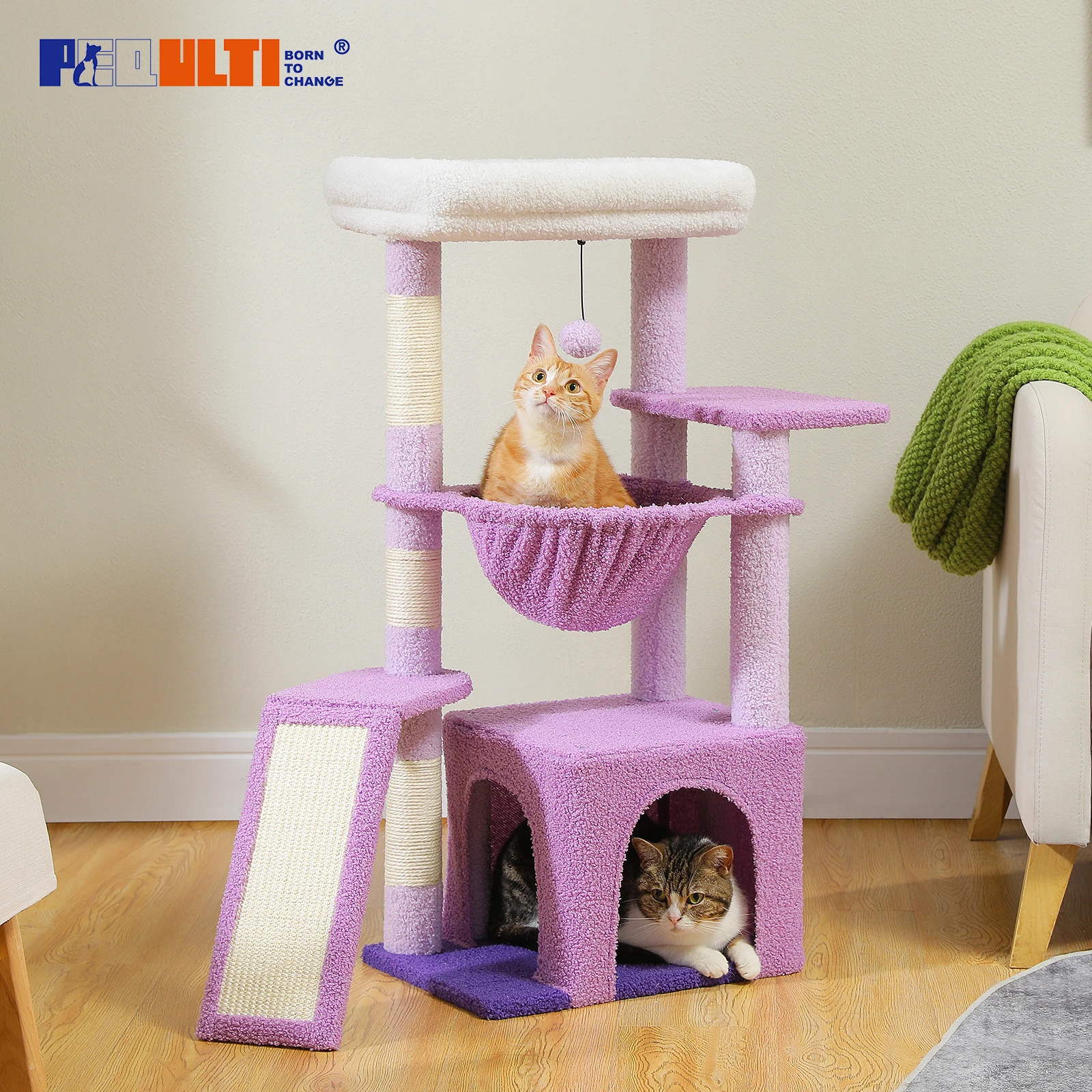 Cat Tree with Sisal Scratching Post, Large Condos, Spacious Hammock, Cute Cat Tower for Indoor, Cat Scratching Pad, Cat Toys