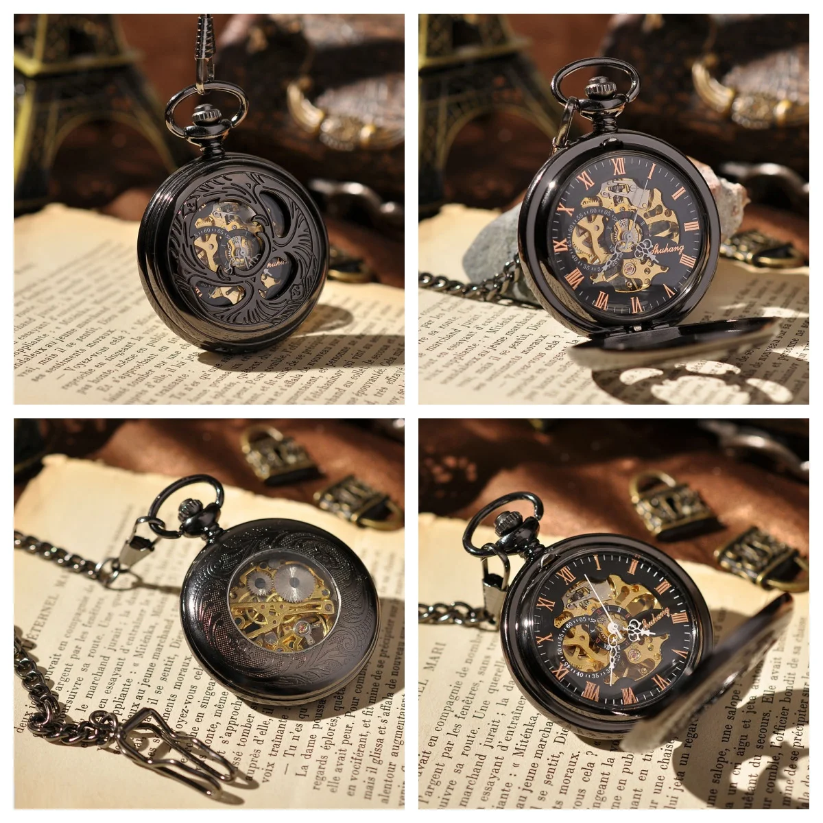 Black Case Hand Wind Men's Pocket Watch Mechanical Steampunk Skeleton Retro Chain Roman Number Black Dial Nice Gift