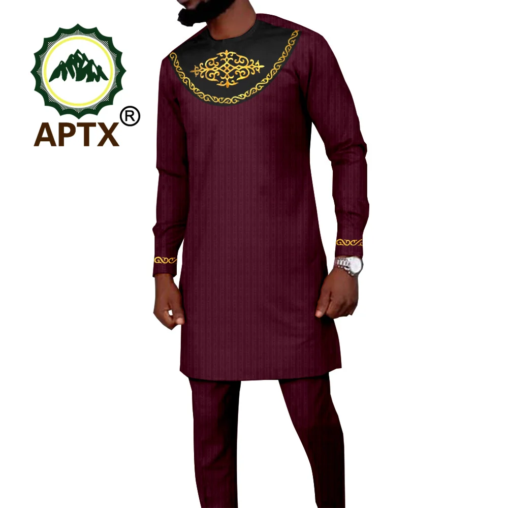 African Men's Fashion Jacquard O-Neck Long Sleeve Shirt and Trousers 2 Piece Formal Set Party Wedding TA2116070