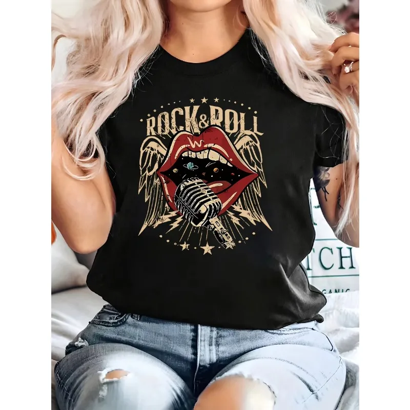 Women'S Vintage Rock Roll Microphone Mouth Graphic Tee - Casual Crew Neck Short Sleeve T-Shirt Summer Fashion Allseason Top