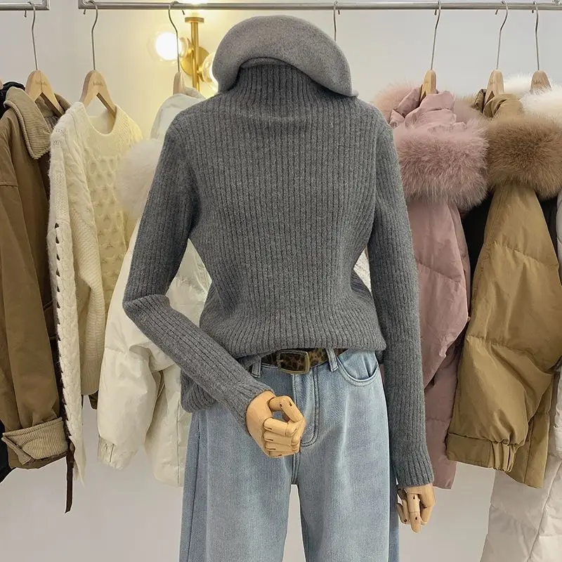

2024 Women Autumn Winter New Half-high Neck Knitted Tops Female Solid Color Sweater Tops Ladies Long-sleeved Pullovers U09