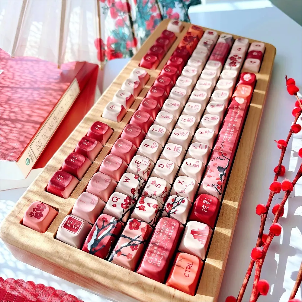 Red Plum Blossom-themed Cherry Keyboard: 140-Key Custom PBT Replacement Keycaps