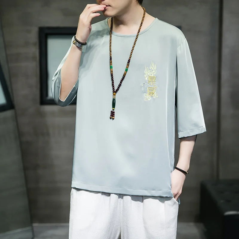 Summer Tang Suit Chinese Style Thin Ice Silk Embroidery T-Shirt Men Loose Plus Size Short Sleeve Oversized Top Hanfu Clothes