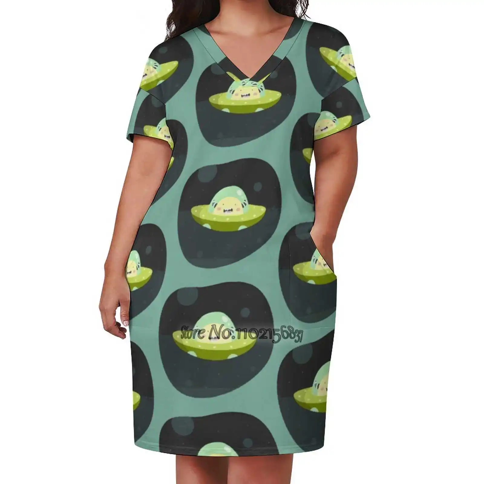 Spacester V-Neck Short Sleeve Skirt Slim Skirts Loose Elegant Fashion Dress 5Xl Space Cute Kids Children Spaceship Green Bright