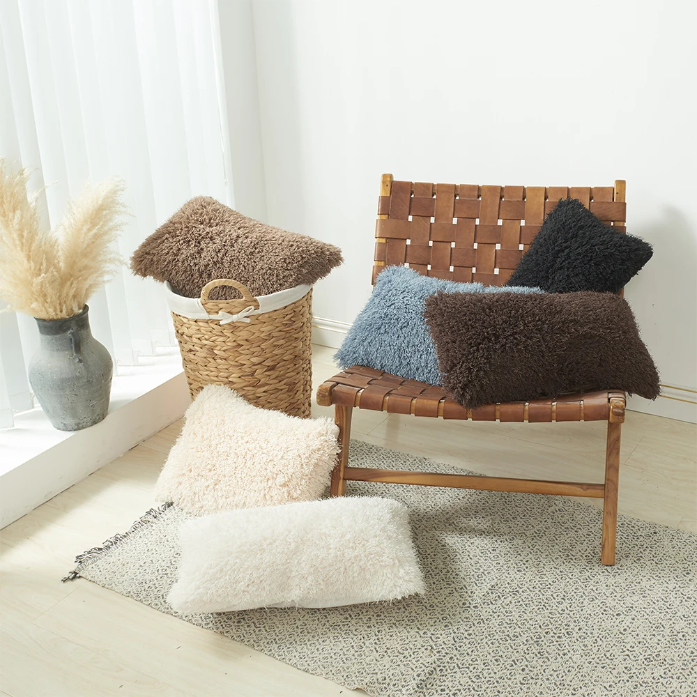 MACT Soft Fur Plush Throw Pillow Cover Solid Color Fluffy Cushion Cover Decor Sofa Living Room Pillowcase For Bedroom Decoration
