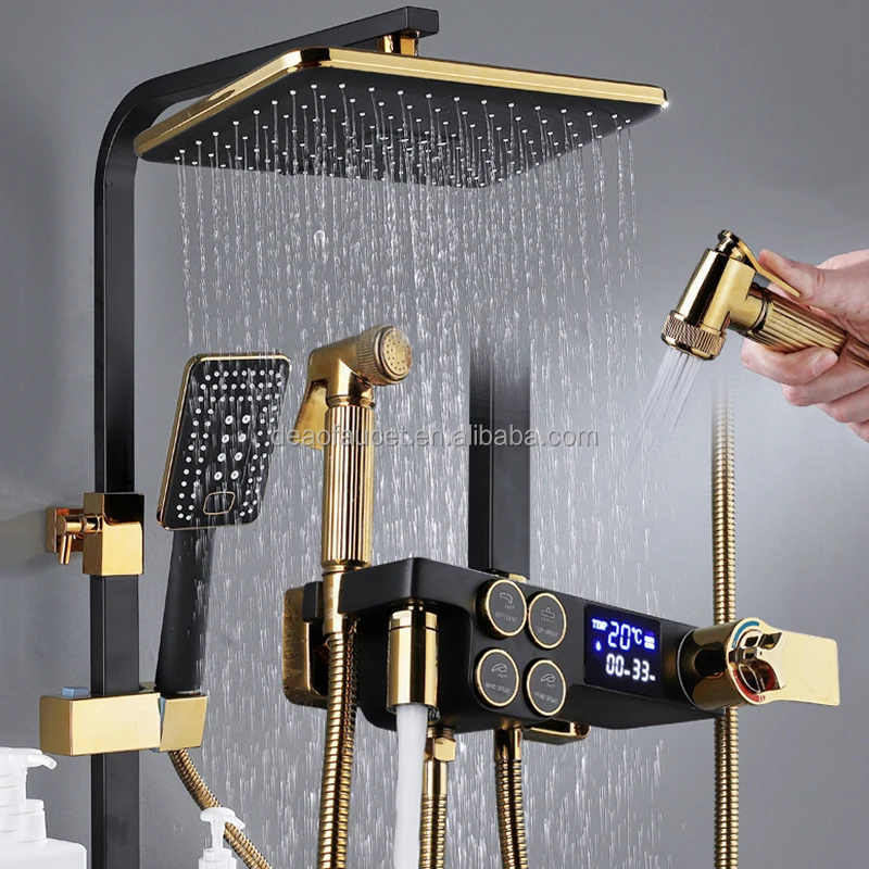 Black Gold Digital Thermostatic Shower Faucet Button Control Smart Shower Faucet Rainfall Bathtub Mixer Set Bathroom Bidet Tap