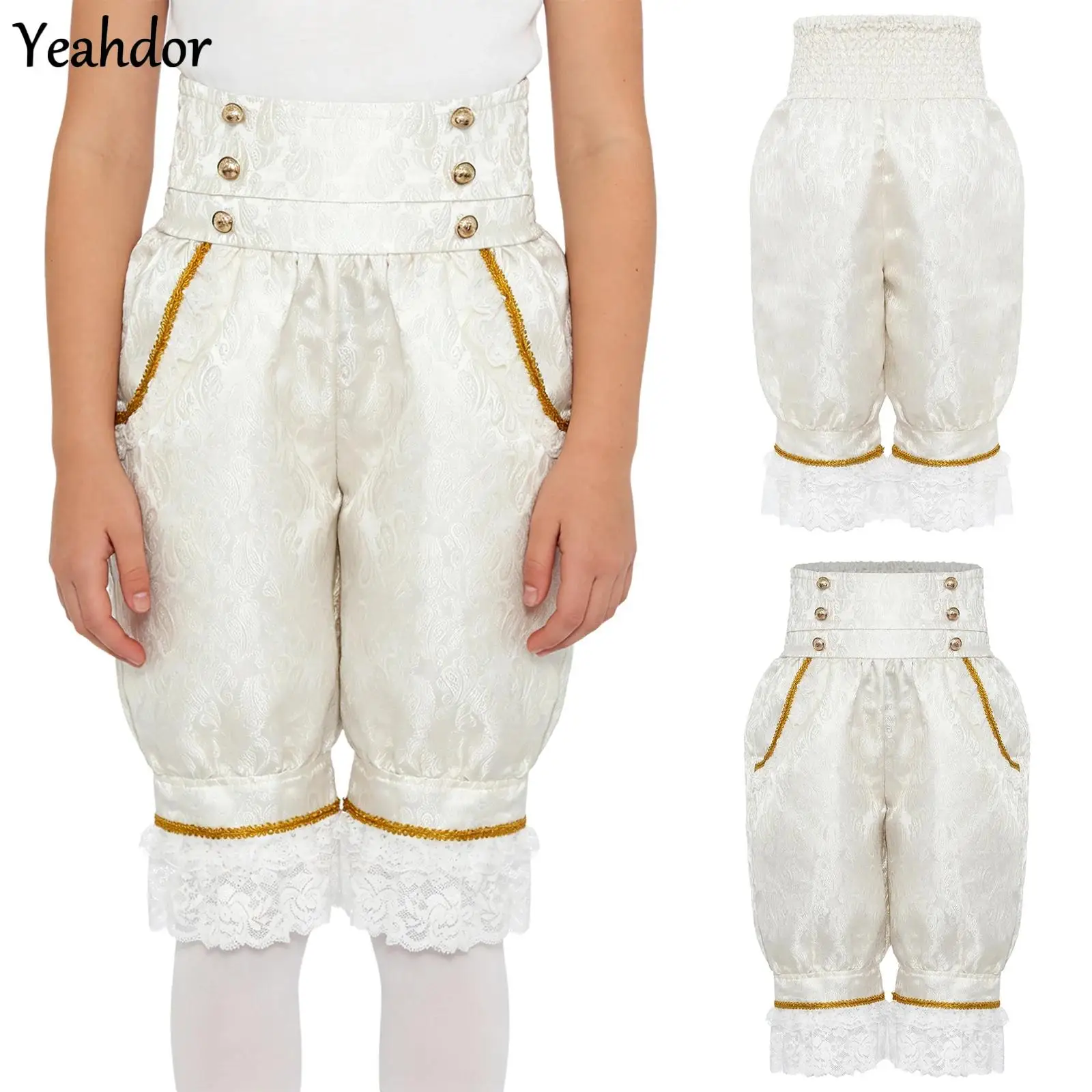 

Girls Halloween Victorian Pattern Pockets Pantaloons Renaissance Medieval Pants Elastic High Waist Ruffle Lace Bloomers Trousers
