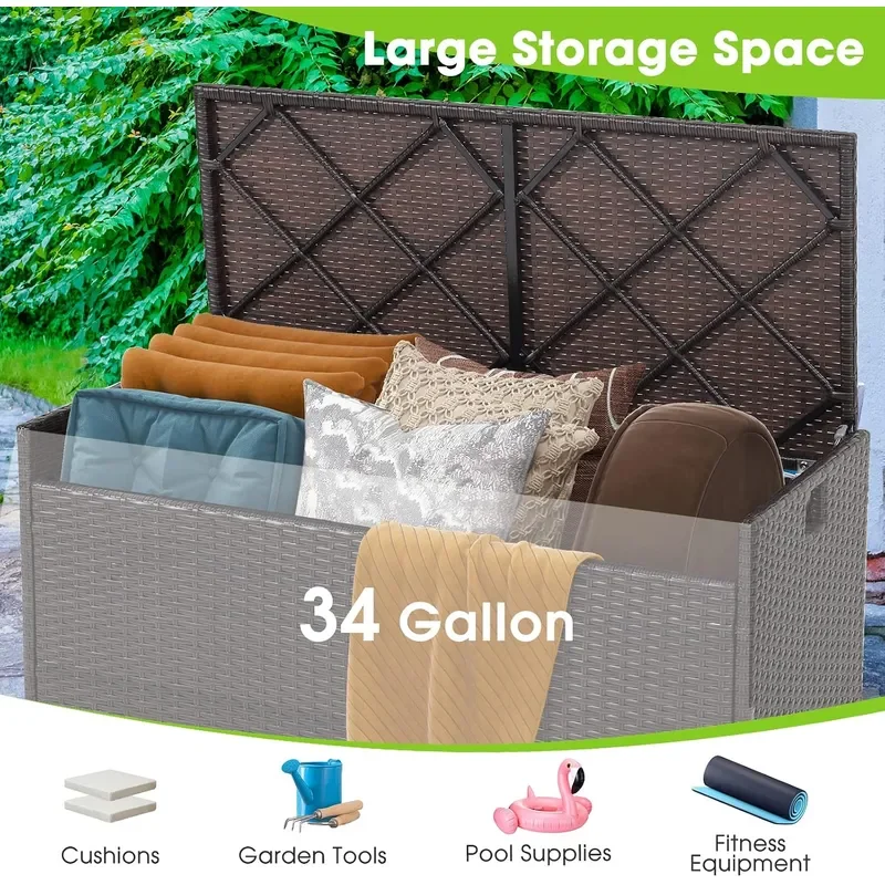 34 Gallon Outdoor Storage Bench with Seat Cushion Patio Mix Brown Wicker Deck Box with Waterproof Liner and Side Handles