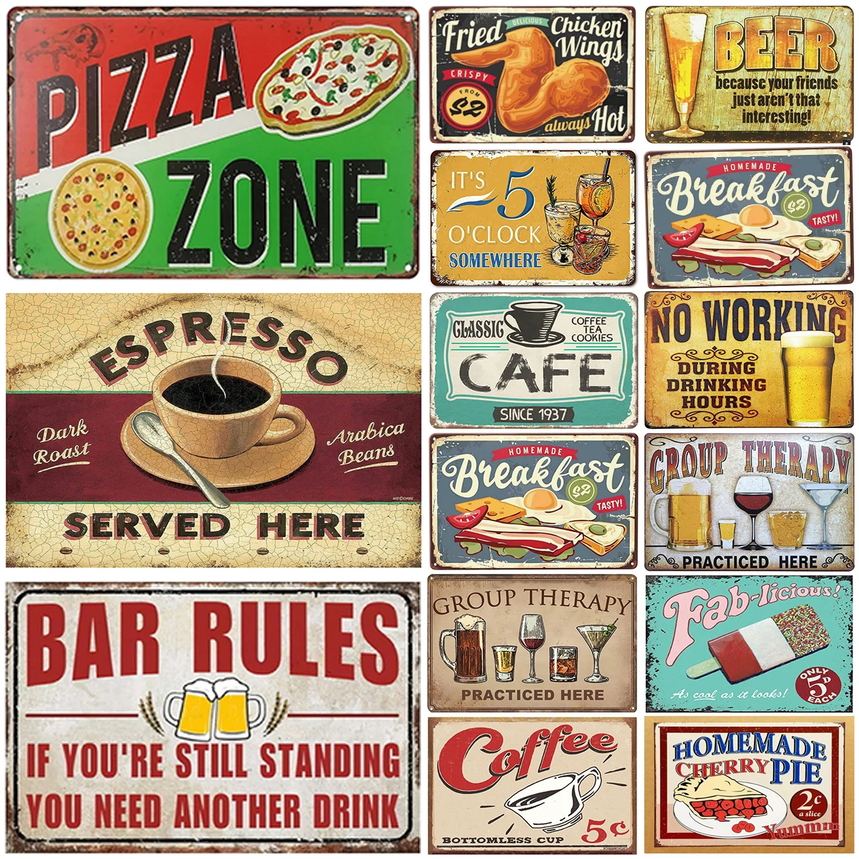 Metal Tin Signs Pizza Coffee Beer Wall Decoration Plaque Vintage Art Poster Iron Painting for Man Cave Home Cafe Garden Club Bar