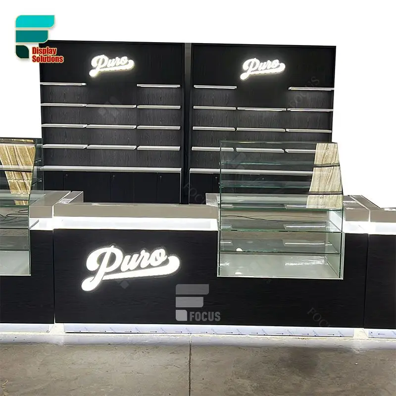 (Customized) custom cigar shop design counter glass cabinet custom shop fitting smoke shop display with LED lights