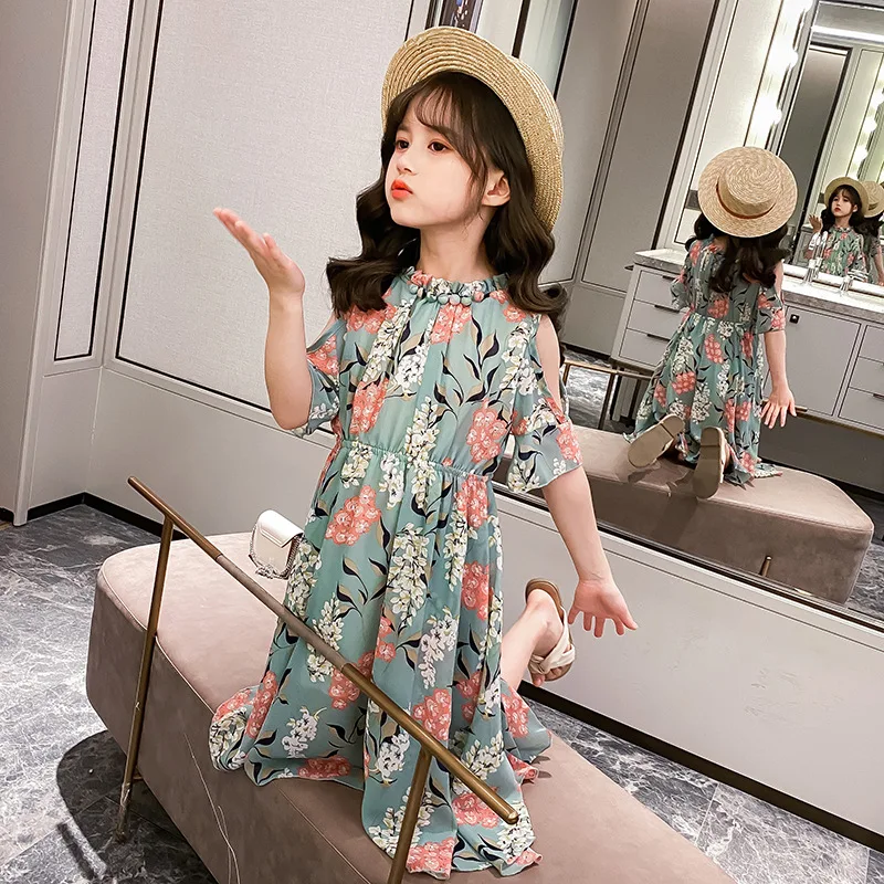 European 2023 Summer Girls mesh chiffon Teens Princess Kids Dress strapless Sleeveless Vestidos Floral clothes 6 8 9 10 12 Year