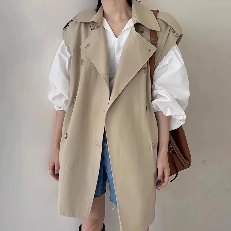 

SuperAen 2024 Spring/Summer New Korean Chic Style Turn Down Collar Double Breasted Loose Sleeveless Windbreaker Vest Coat
