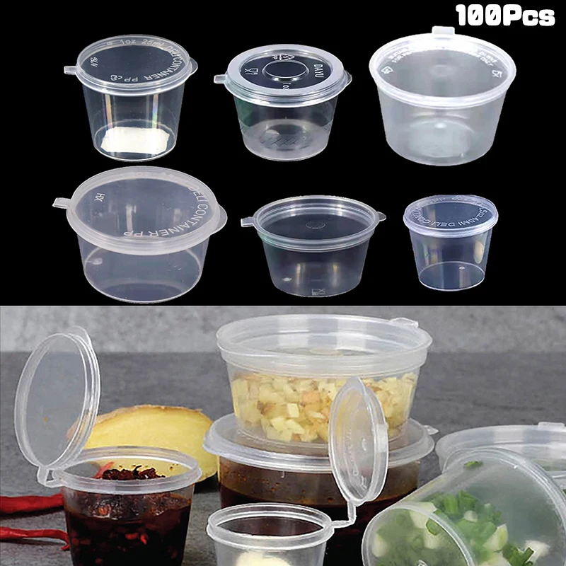 100Pcs Mini Plastic Packing Box 20-40ML Disposable Sauce Cup Round Clear Food Condiments Storage Container Box Kitchen Organizer