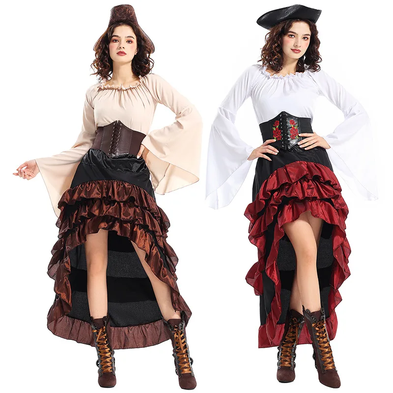 Cosplay Pirate Queen Costume Women Medieval Ocean Captain Waist Cinched Long Skirt Navigator Long Sleeves Evening Dress Makeup