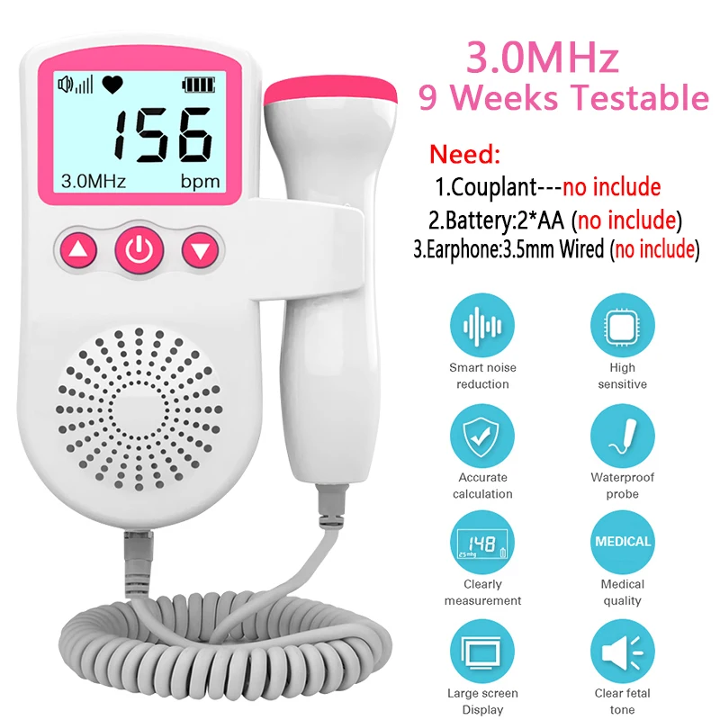 3,0 Doppler Fetal de bolsillo portátil sonido bebé corazón embarazo ultrasonido Detector Fetal máquina Monitor de ritmo cardíaco de bebé