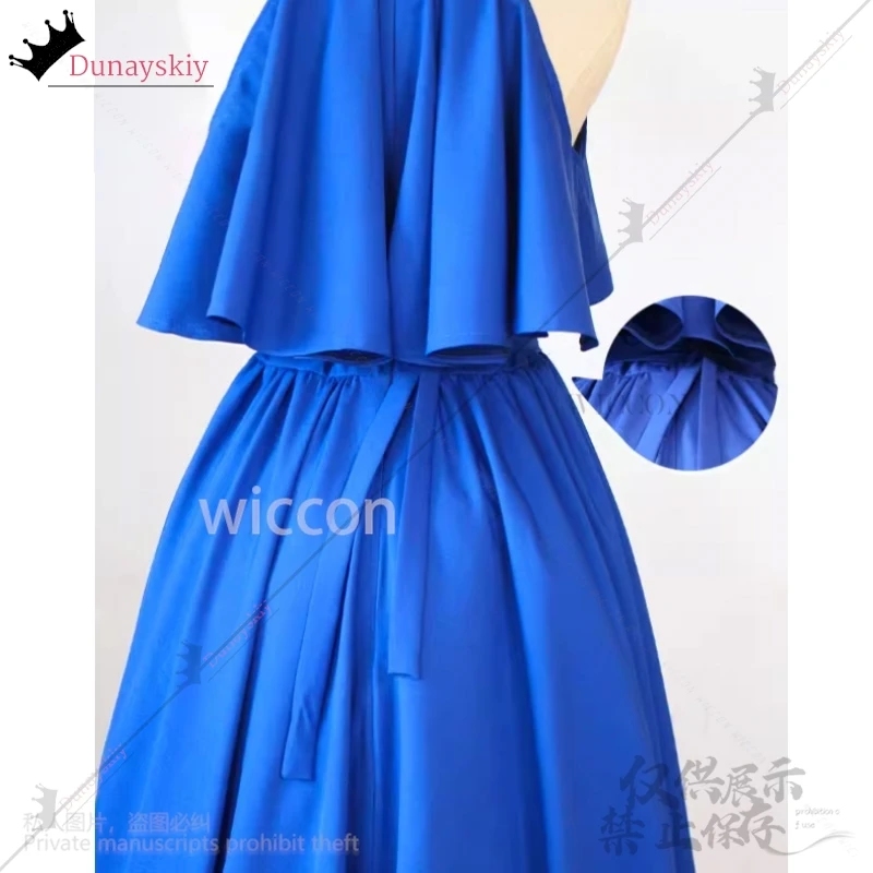 애니메이션 탐정 코스프레 Rachel Ran Moore Mouri 30 번째 의상 네이비 블루 라인 홀터 드레스 민소매 로리타 이브닝 드레스 가발