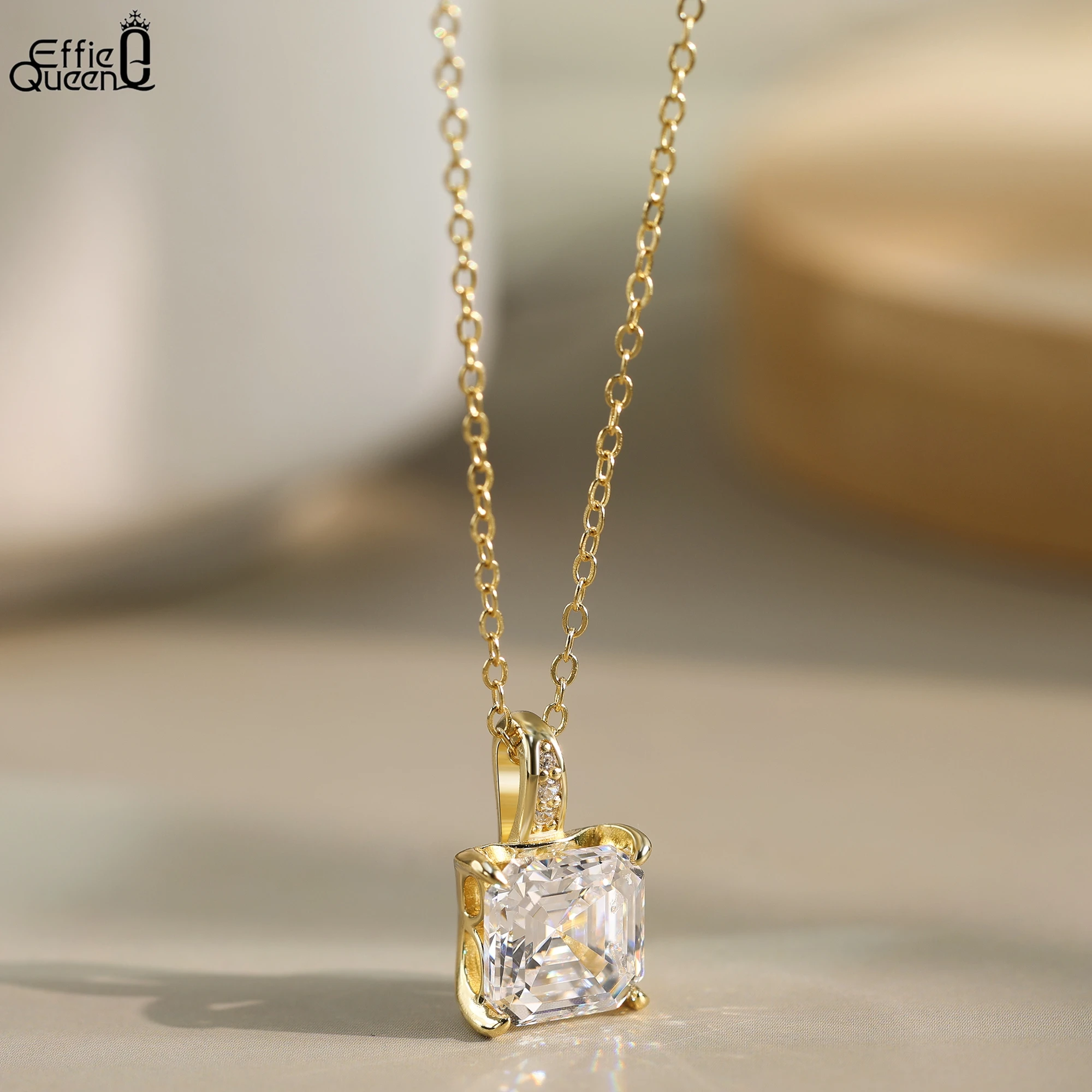 

EFFIE QUEEN 100% S925 Silver 14k Gold 8A Square Shaped Zirconia Pendant Necklace 1/2/3/4CT Stone Simple Jewelry for Women LZN15