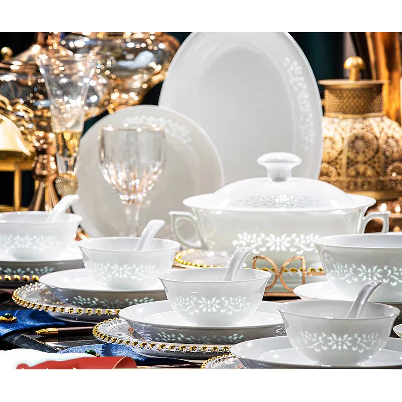 

Высококачественная белая фарфоровая посуда Цзиндэчжэнь — изысканный набор керамических чаш и тарелок, высокотемпературный цвет под глазурью, f