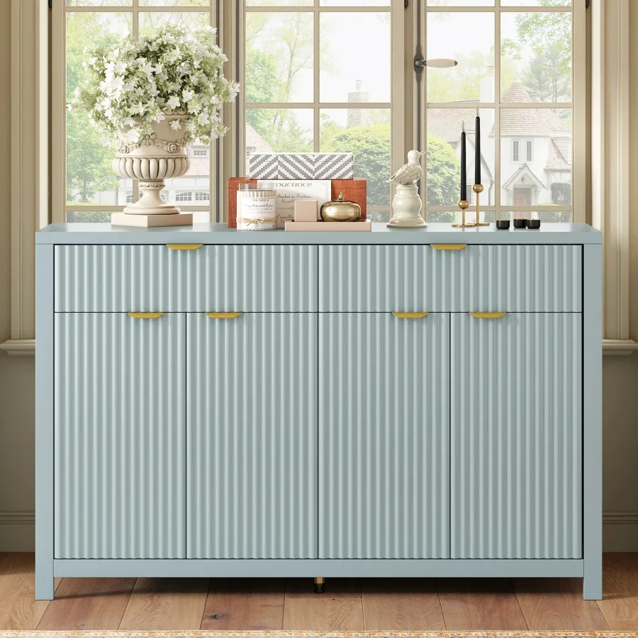 U_STYLE Modern 55.1'' Sideboard Buffet Cabinet with 2 Drawers and 4 Doors, Adjustable Shelves, Wave-Pattern Design, Aluminum Ha