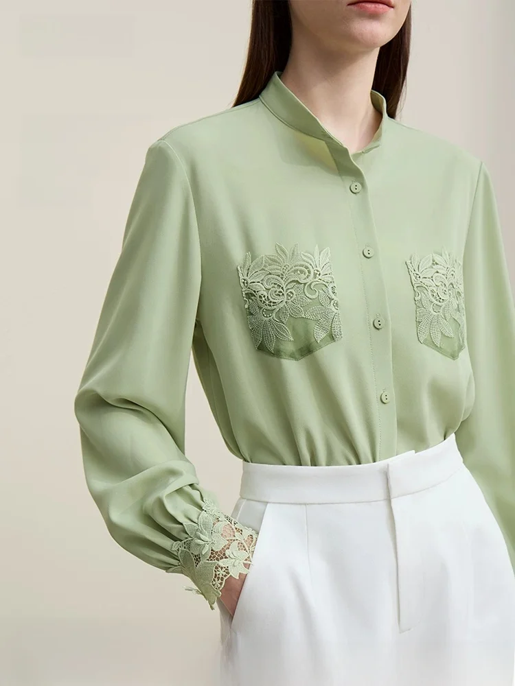 

Elegant Commuter Style Stand Collar Lace Pocket Chiffon Top Women Loose Fit Long Sleeve Polyester Fiber Daily Wear Color