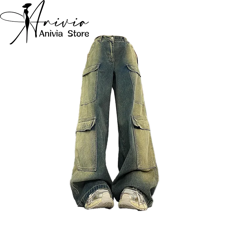 

Women's Y2k Baggy Cargo Jeans Harajuku Denim Trousers Streetwear Oversize Jean Pants Vintage 90s Aesthetic 2000s Trashy Clothes