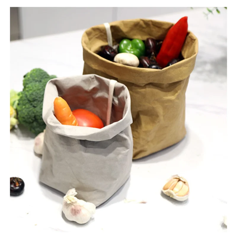 1 قطعة كيس ورقي سميك من جلد البقر صديق للبيئة قابل للطي وقابل للغسل حقيبة تخزين منزلية للنباتات والفواكه والخضروات