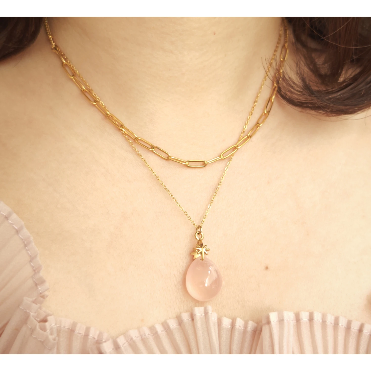 

Lii Ji Madagascar Rose Quartz Gold Stainless Steel Layer Choker Necklace 38+5cm Handmade Jewelry