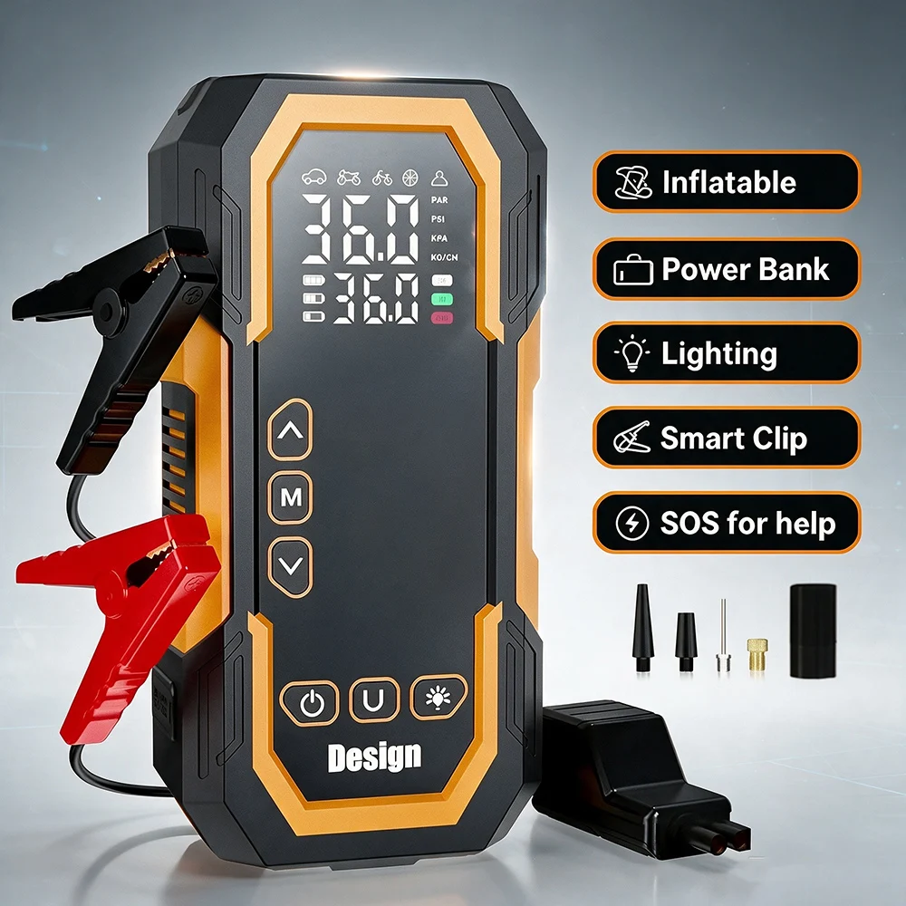Gonfiatore per pneumatici portatile con display digitale 4 in 1, compressore d'aria ricaricabile tramite USB, dispositivo di avviamento di emergenza per auto, avviatore di emergenza per auto