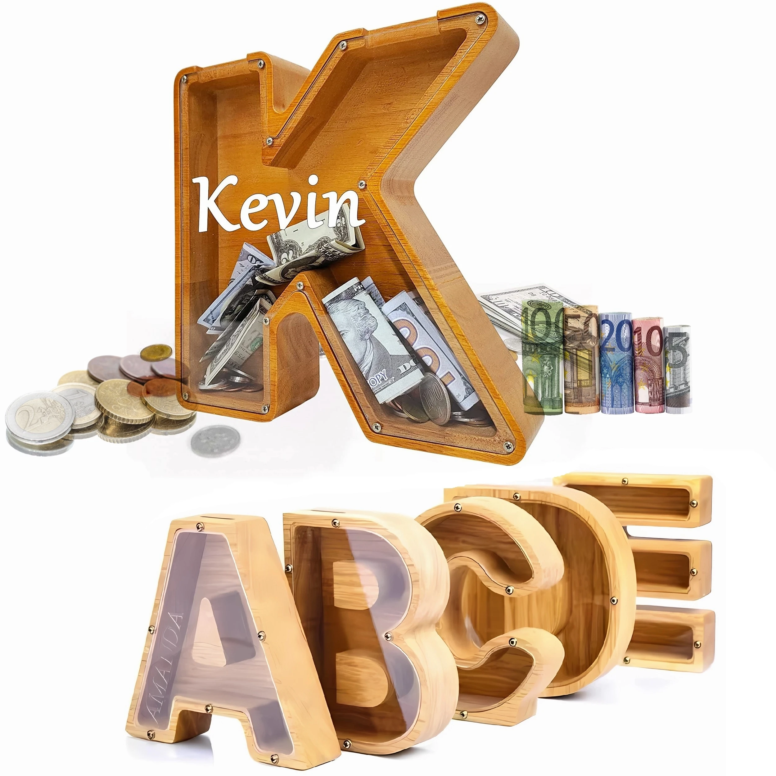 

Creative Wooden Piggy Bank Twenty-Six Letter Coin Money Saving Box Storage Customized Name Wood DIY Letter Kids Money Bank Gift