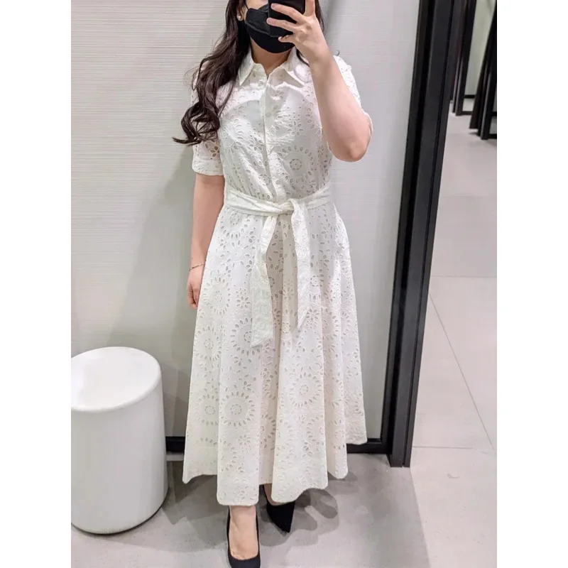 

Elegant White Short-Sleeved Embroidery Shirt Dress with Belt Mid-Length Lapel Beach Vacation Female Dress for Summer