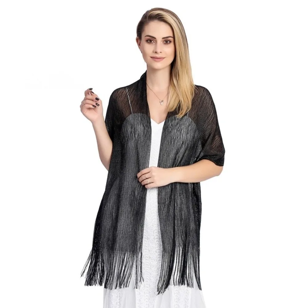 Multifunction Solid Color Hollow Out Shawl Lightweight Sun Protection Tassel Shawl Bohemian Thin Long Scarf Thread Dresses Girl