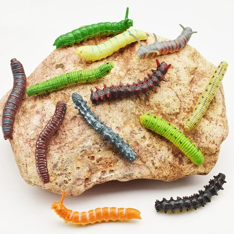 12Pcs Fund Simulation Caterpillar Green Worm Crawl Insect Animal Prank Tricky Persecute Others Toys Skeleton Unusual Gadgets