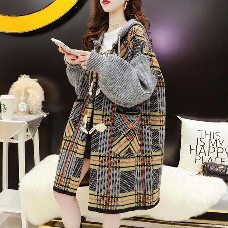 2022 Button Sweater Cardigan Coat Women Retro Plaid Autumn Winter New Loose Coats Pocket Fashion Overcoat Mid-Long Outerwear