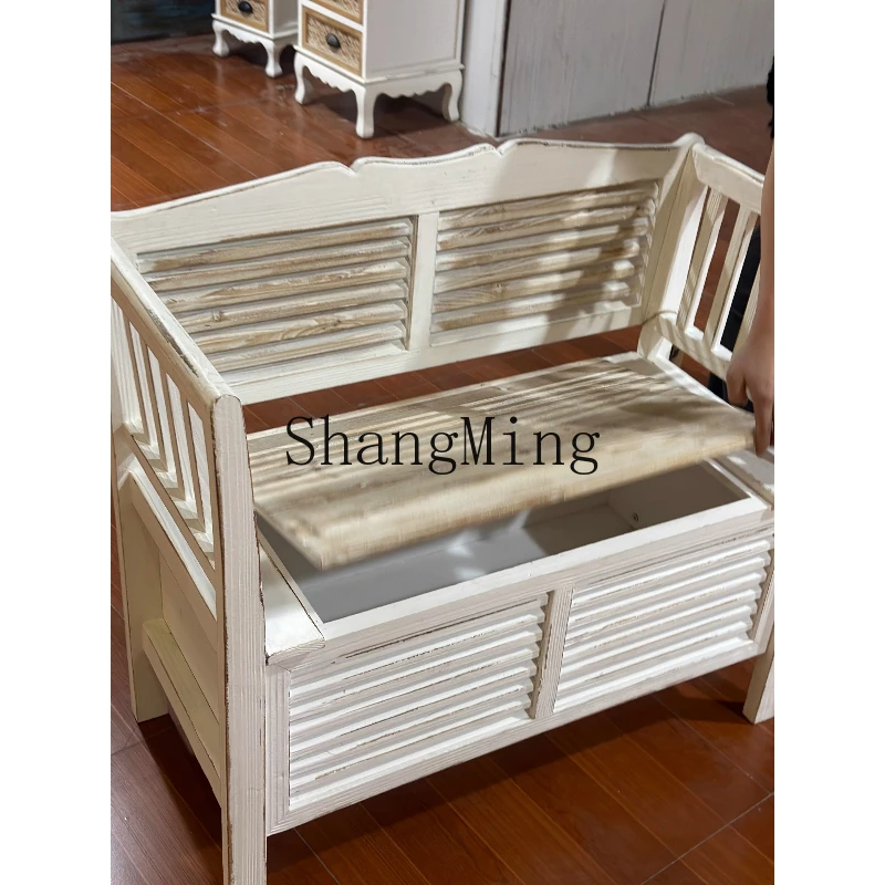 SM new country style furniture solid wood retro and old clamshell storage leisure chair shoes changing stool