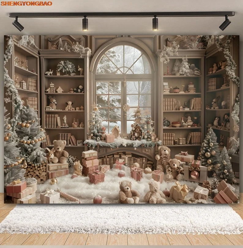 Christmas Toy Bear Gift Room Photography Backdrops Fireplace Christmas Tree Bell Wreath Wooden Bookshelf Background Photo Studio