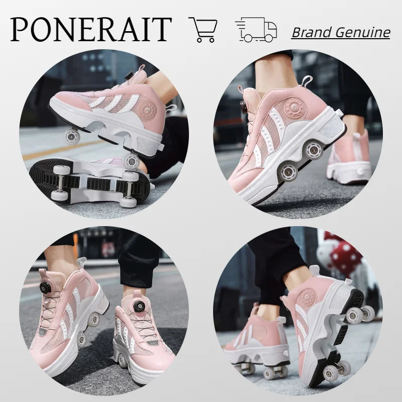 PONERAIT Double-Row Retractable Four wheels Roller Skate Shoe Outdoor Casual Fashion Sneaker Adult Children Walk Shoe