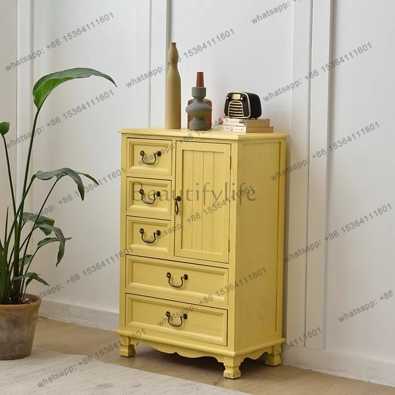 jj5 Poplar Wood 5-Drawer Cabinet Moisture-Resistant Retro Storage Unit with Smooth Gliding Drawers for Living Room/Bedroom