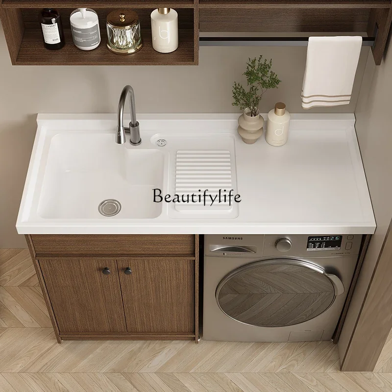 03.New Chinese style solid wood honeycomb all aluminum large board washing machine cabinet balcony washing pool
