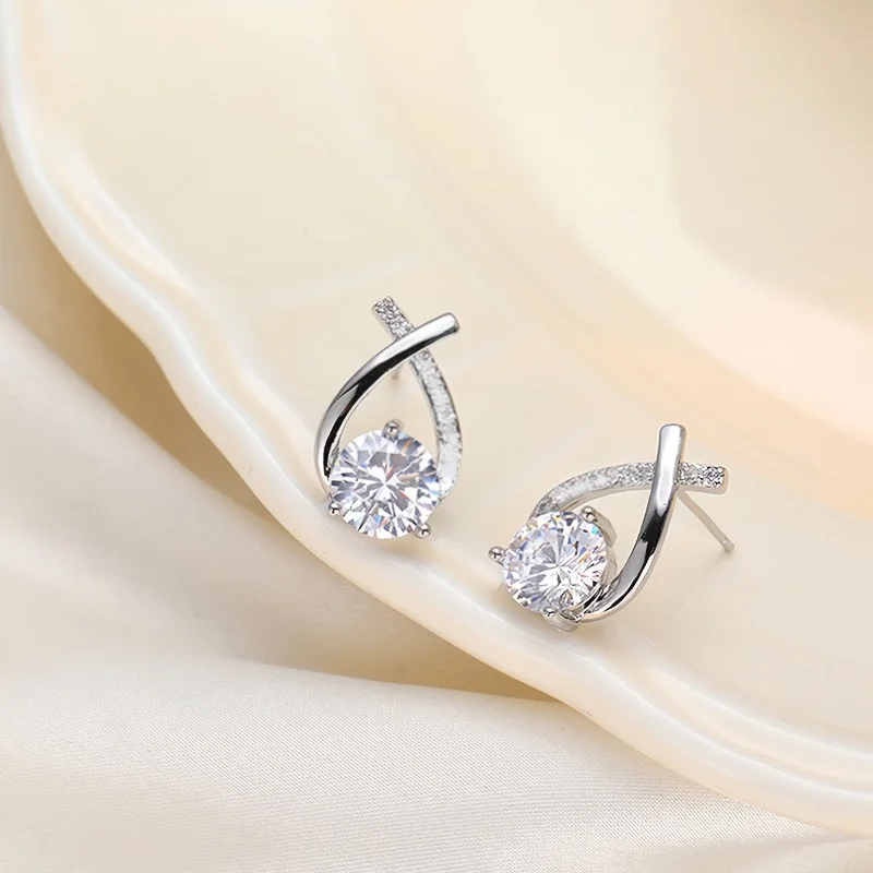 1 Pair of 925 Silver Plated Earrings - Elegant and Sparkling Zircon Embellished Cross Line Earrings - Vintage Design - Perfect for Daily Wear and Special Occasions, Feminine Charm