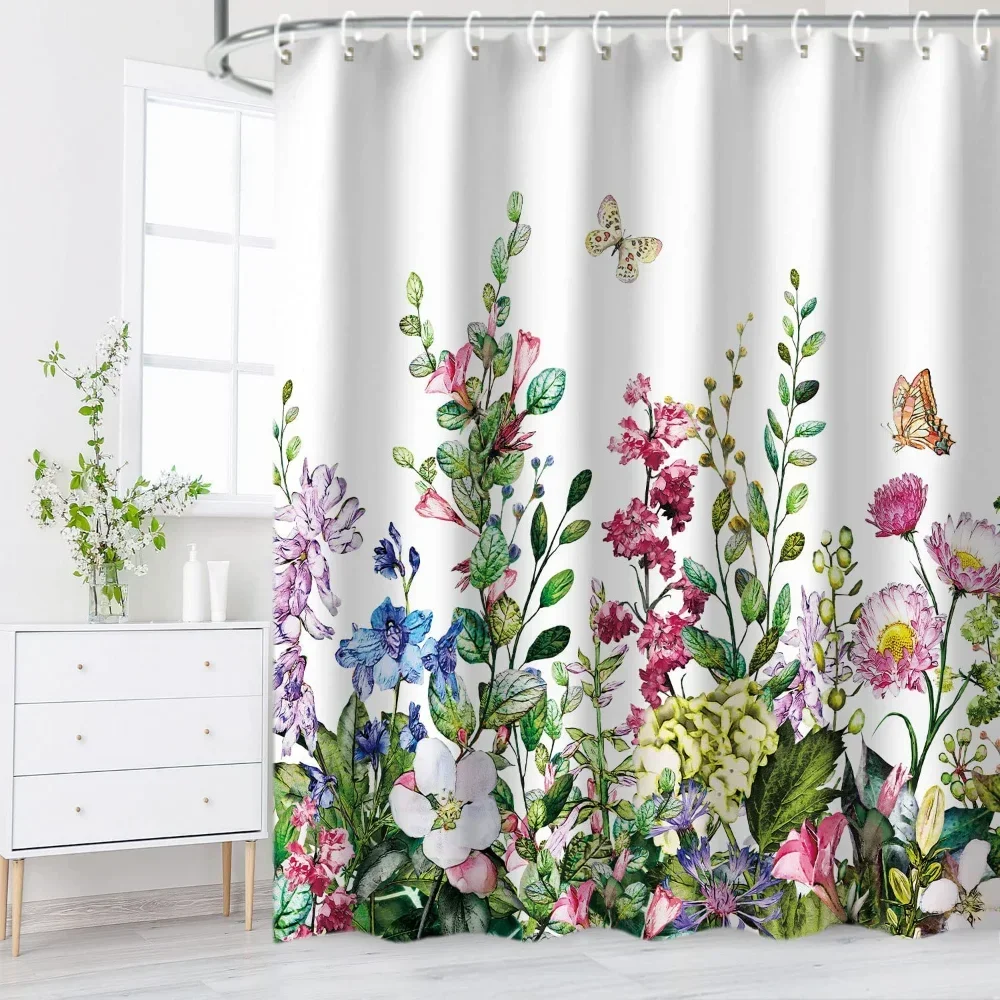 Floral Shower Curtains for Bathroom Flower Watercolor Plant Leaves Bathroom Curtain Home Decor Washable Bathroom Accessories Set