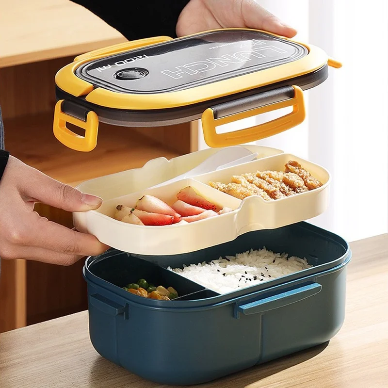 1PC Elliptical Format Lunch Box With Multiple Layers Fork Spoon With Handle Sealed Student Office Worker Lunch Box Tableware