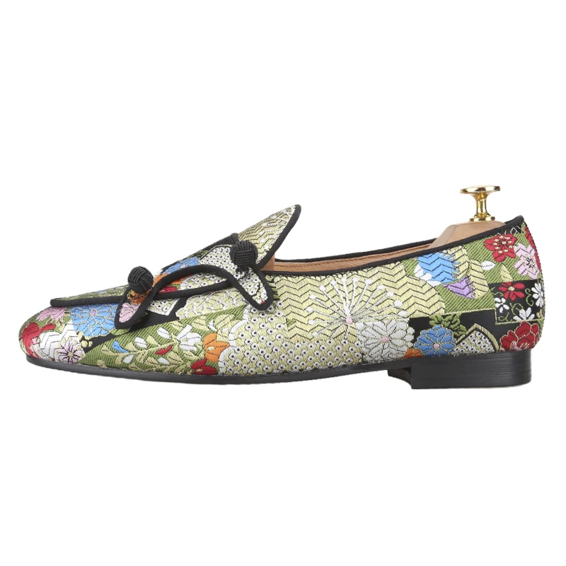 Piergitar Multi Colors Jacquard Silk Double-Monk Belgian Loafers With Black Balls Buttons Handcrafted Men Slip-On Shoes Slippers