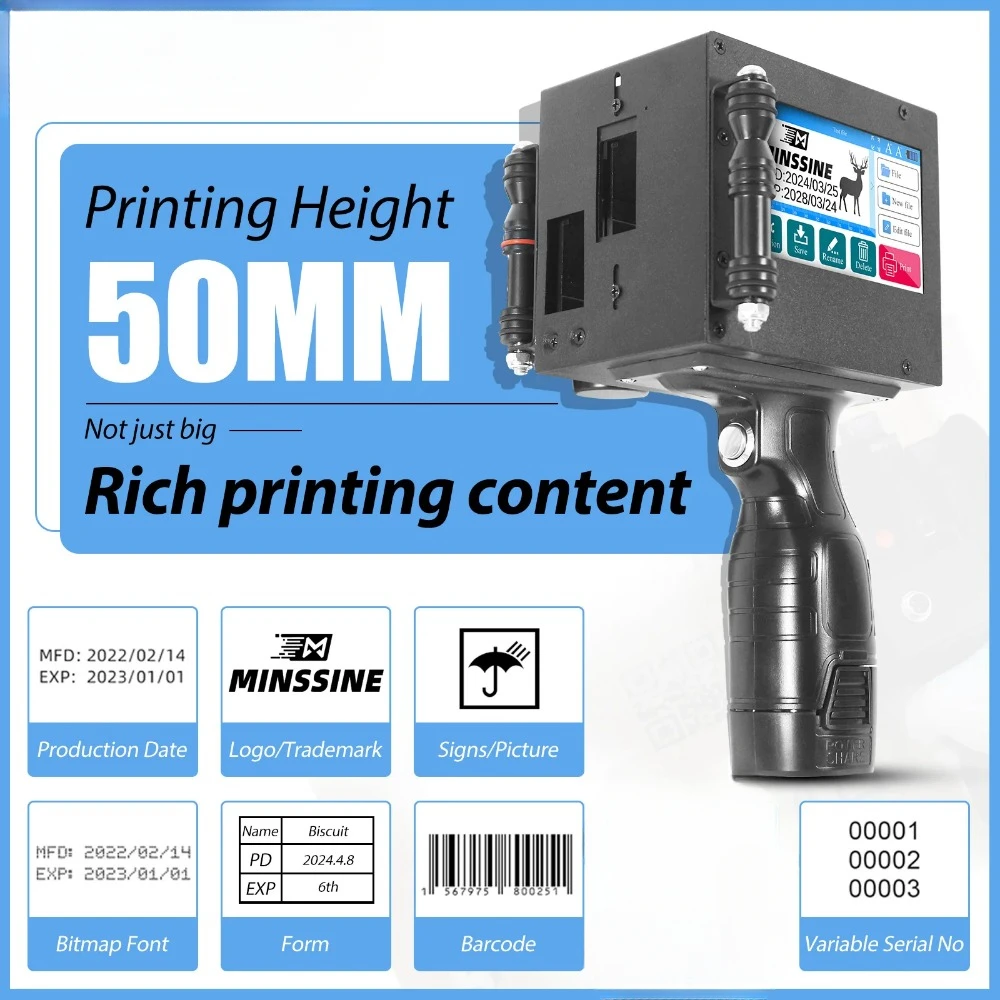 

50mm Handheld Inkjet Printer with 2 Fast-drying Cartridge for QR Barcode Batch Number Logo Expiry Date Label Coding Machine