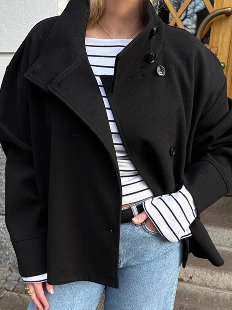 

Women's Stand Collar Patchwork Jacket Autumn Winter Long Sleeve Single-Breasted Solid Outerwear Fashion Simple Coats Streetwear